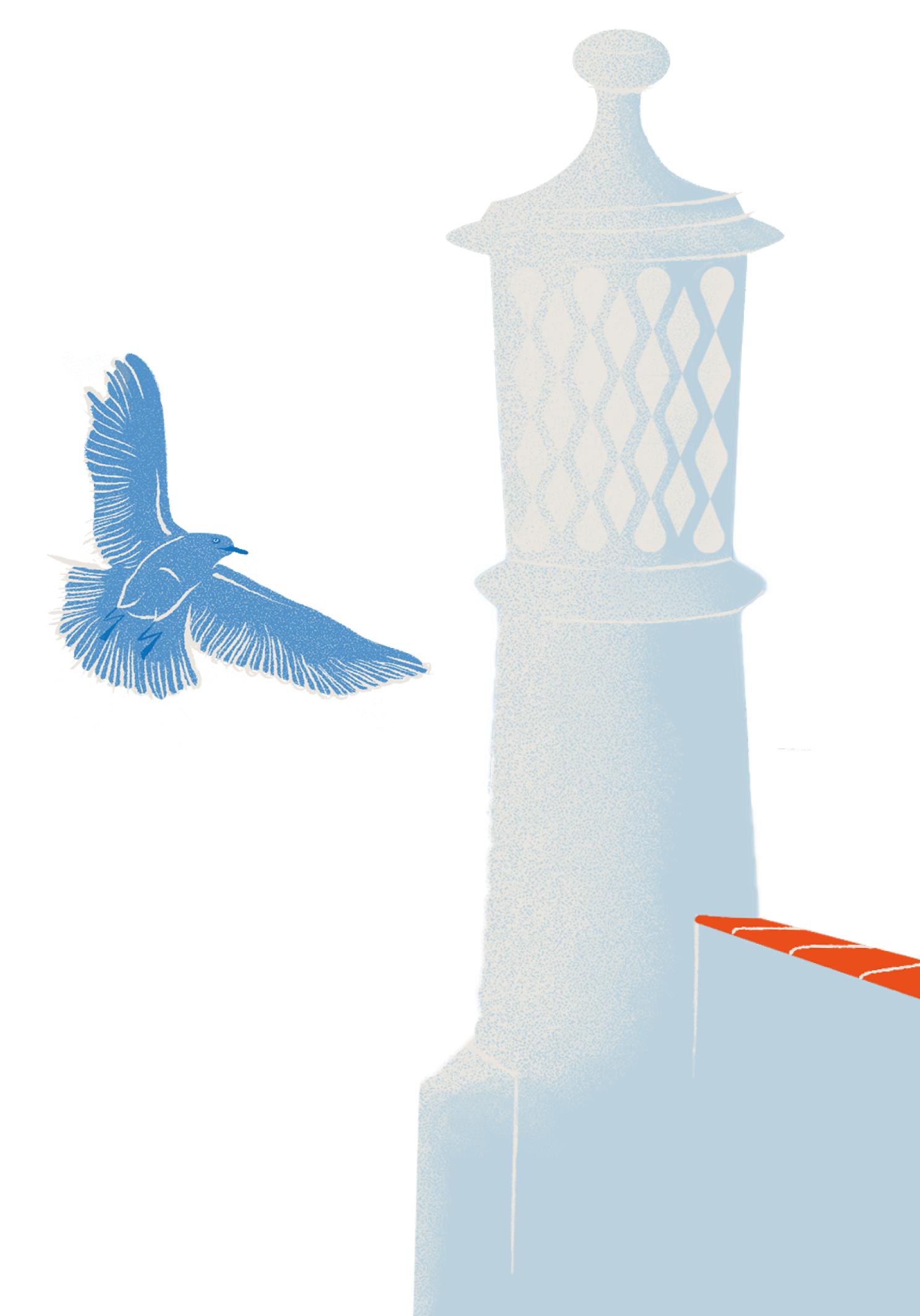 Illustration of a bird flying beside a chimney