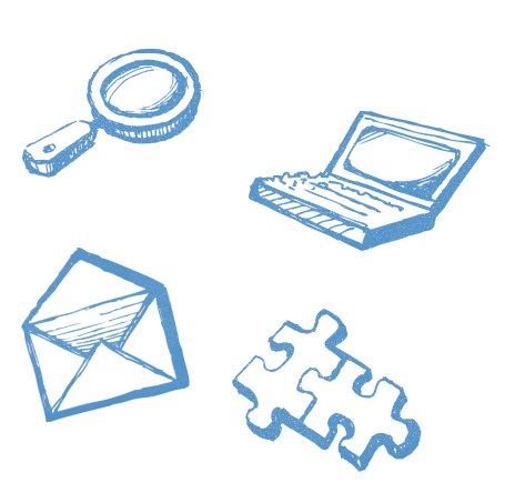 Magnifying glass, letter, puzzle, computer illustration